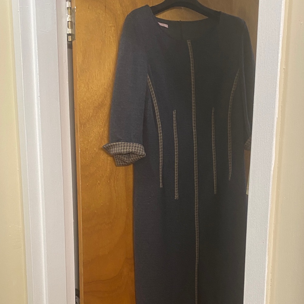 A Beautiful Basler Dress in Grey with Tan and Grey accents.